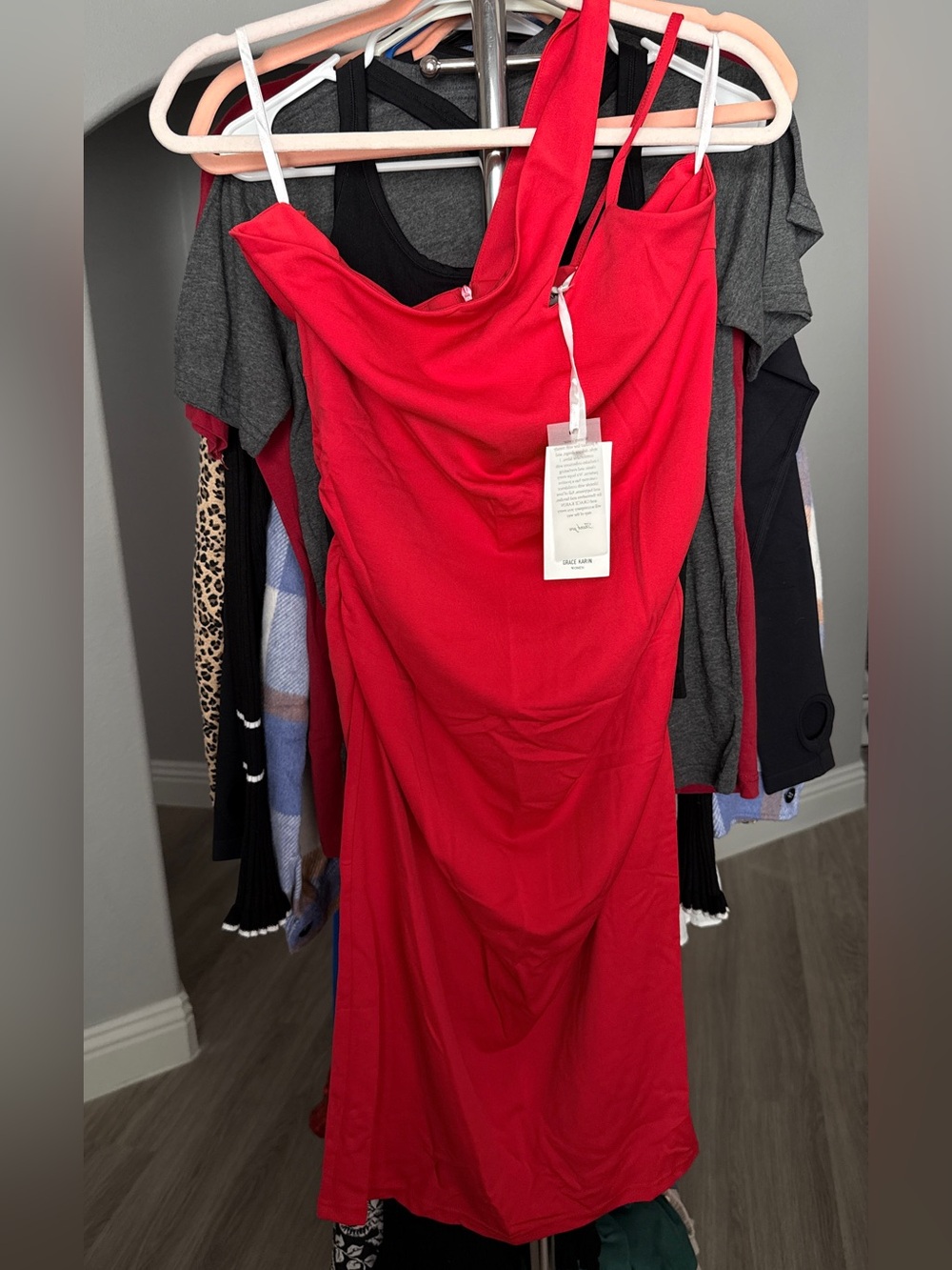 One shoulder Red Sleeveless Women's Dress - Elegant Ruched Design